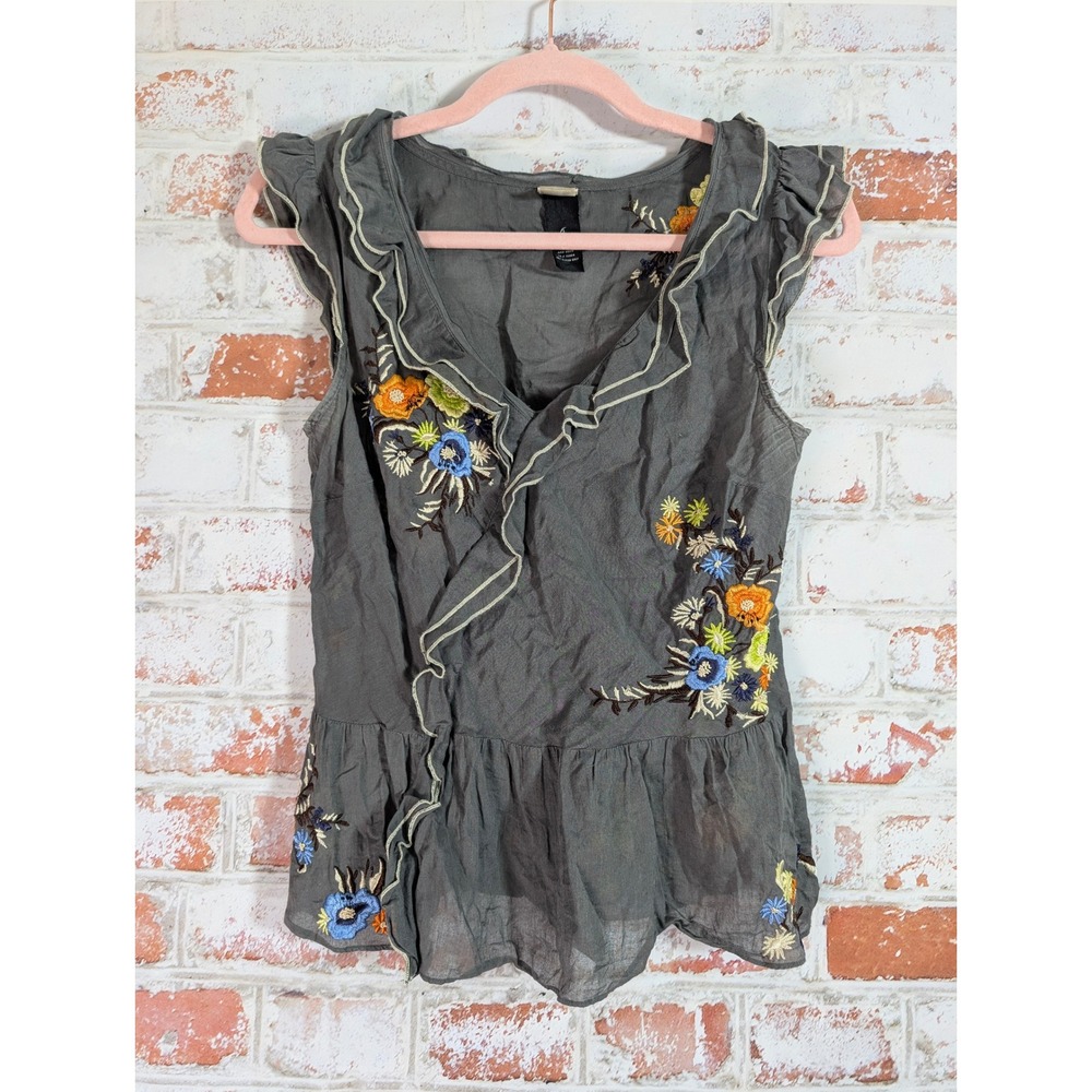Lithe Anthropologie Embroidered Peplum Top Womens 6 Gray Floral Boho Ruffle